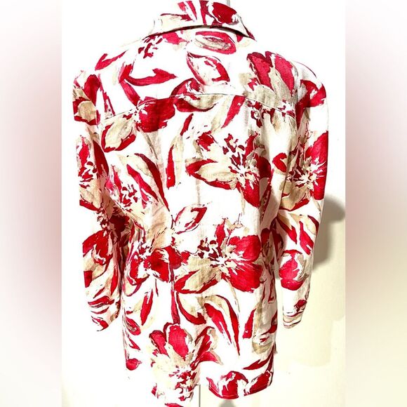 JM Collection linen shirt floral crouse Beach resort holiday festive red Women12 - Picture 5 of 8